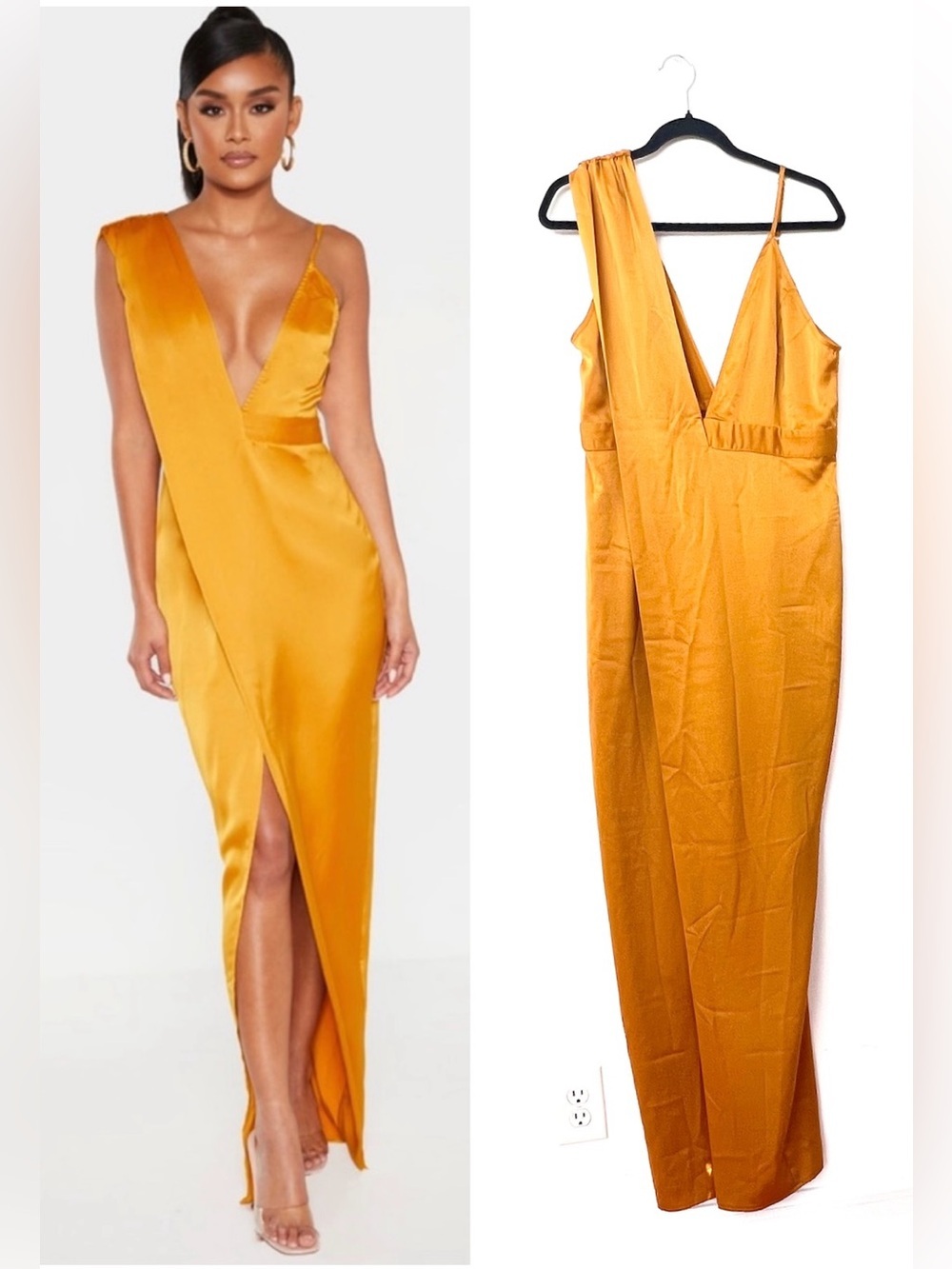 NWT PrettyLittleThing Satin Mustard Gold Drape Maxi Dress